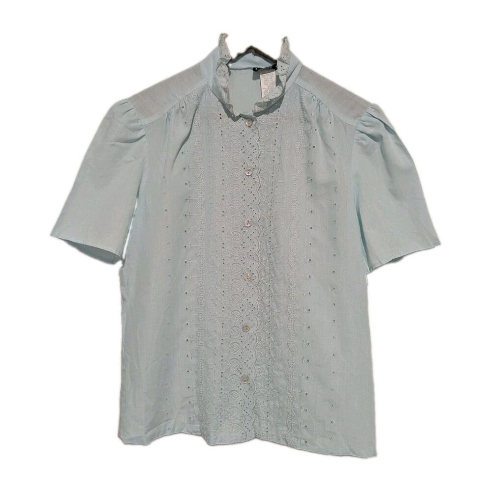 Eyelet Button Front Blouse Ruffle Collar M Vintage 80s B40 Secretary  Pastel